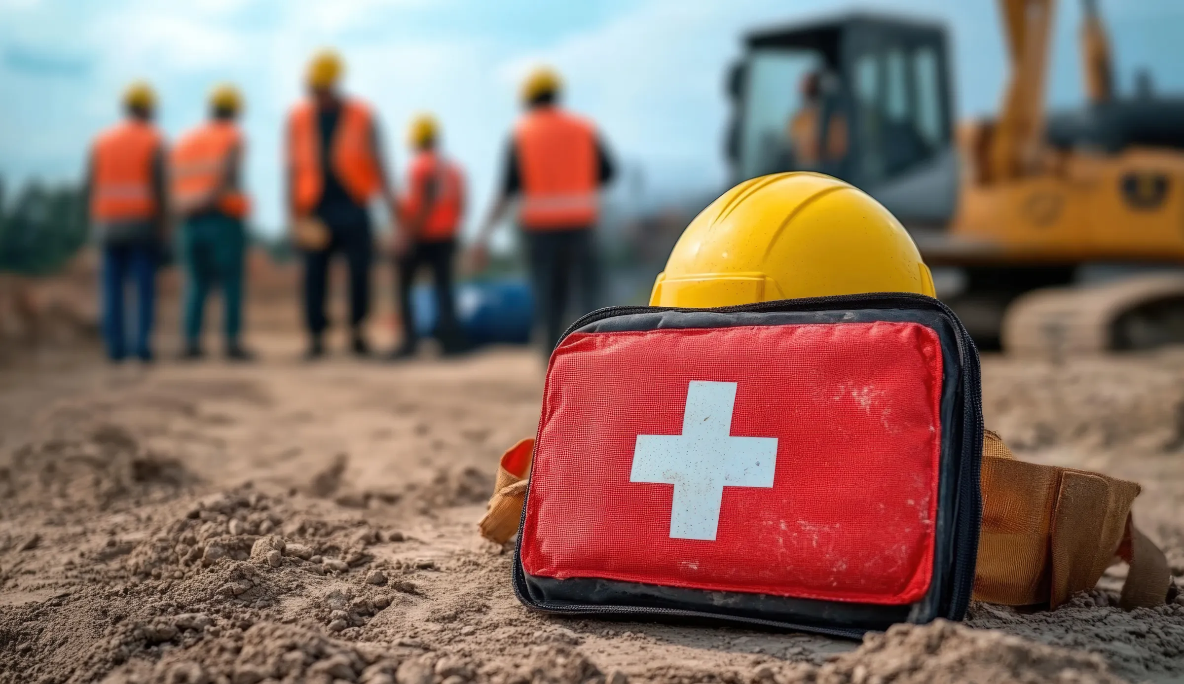 First aid kit and safety helmet on a construction site.